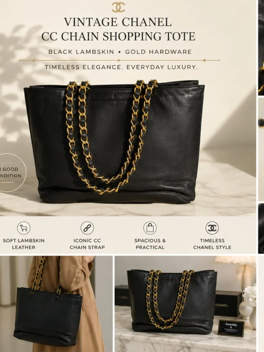 Vintage Chanel CC Chain Shopping Tote Bag Black Lambskin Gold Hardware